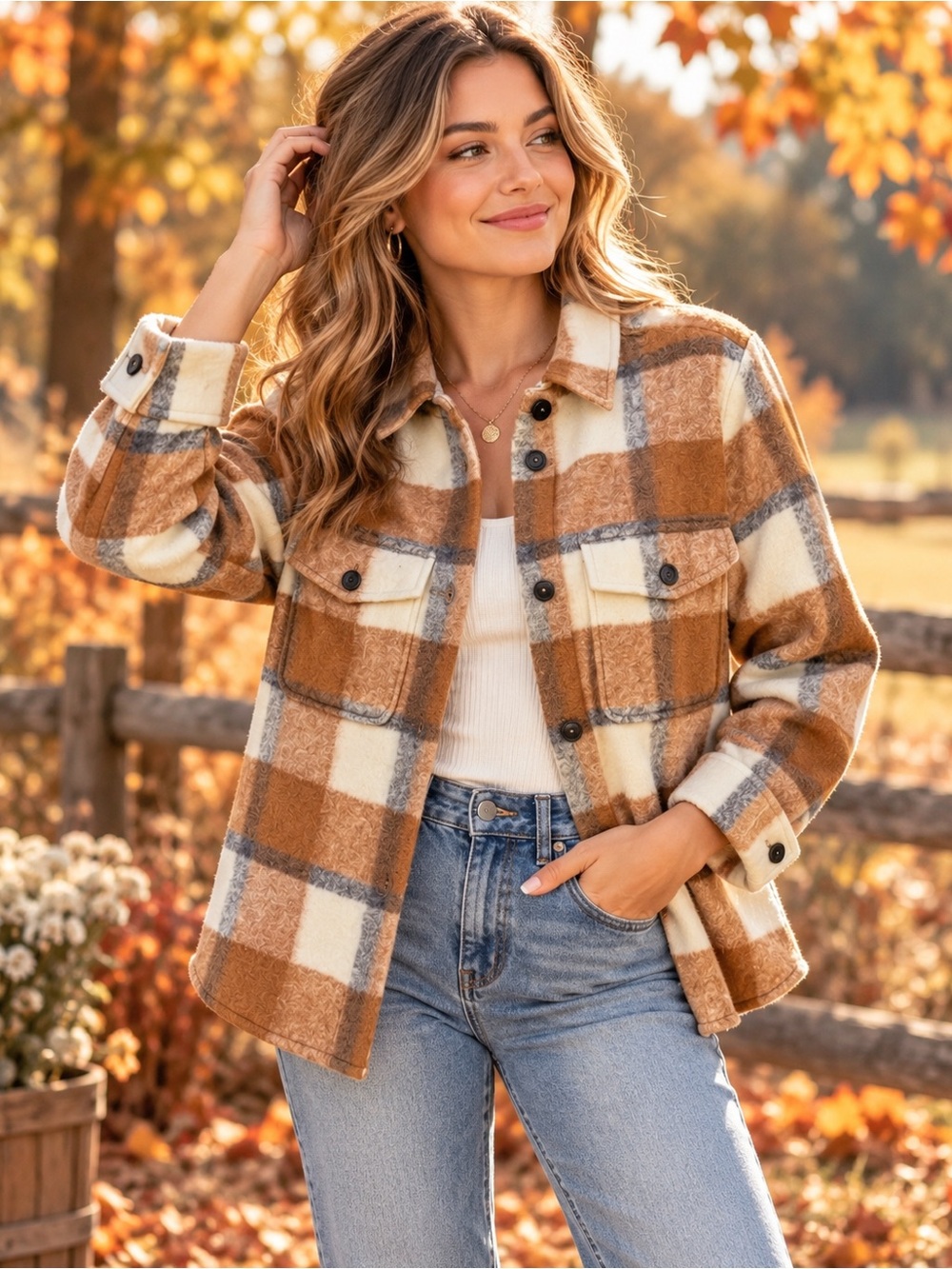 Tilley Wool Blend Plaid Shacket Overshirt Brown Cream Size Medium Fall Trendy